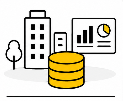 Stilisierte Gebäude mit Datenbank und Diagramm als Symbol für Verwaltung und Wirtschaft